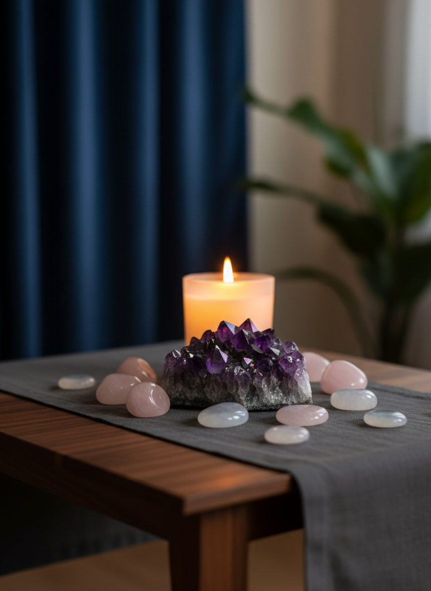 A carefully arranged reiki altar on a low, dark walnut table, covered with a soft charcoal linen runner. A single large, iridescent amethyst cluster sits at the center, surrounded by smooth rose quartz and moonstone tumbles, each stone subtly polished. Behind them, a lit soy candle in a frosted glass holder casts a gentle, golden glow, its flame reflected in the crystal facets. In the background, a blurred view of deep indigo curtains and a leafy plant creates a cocoon-like atmosphere. Photographic realism, shot at eye level with a shallow depth of field, warm, diffused evening light and candlelight combining to create a sophisticated, serene, and nurturing mood that suggests emotional healing and quiet introspection.