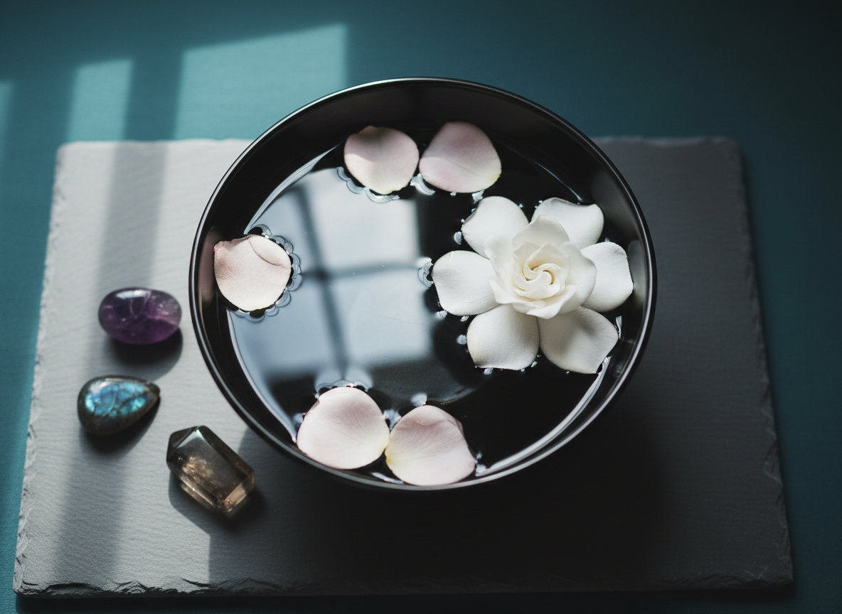 A close-up of a polished black ceramic bowl filled with clear water, floating within it several pale pink rose petals and a single white gardenia blossom fully open. Around the bowl, on a matte slate tray, lie three small, smooth crystals—amethyst, labradorite, and smoky quartz—arranged in a subtle crescent shape. Soft, cool-toned natural light from an unseen window grazes the surface, creating delicate reflections on the water and soft highlights on the crystals. The background fades into a gentle blur of dark teal fabric and shadow. Photographic realism, shot from above with a balanced, minimalist composition, conveying a mood of quiet release, emotional cleansing, and refined elegance.