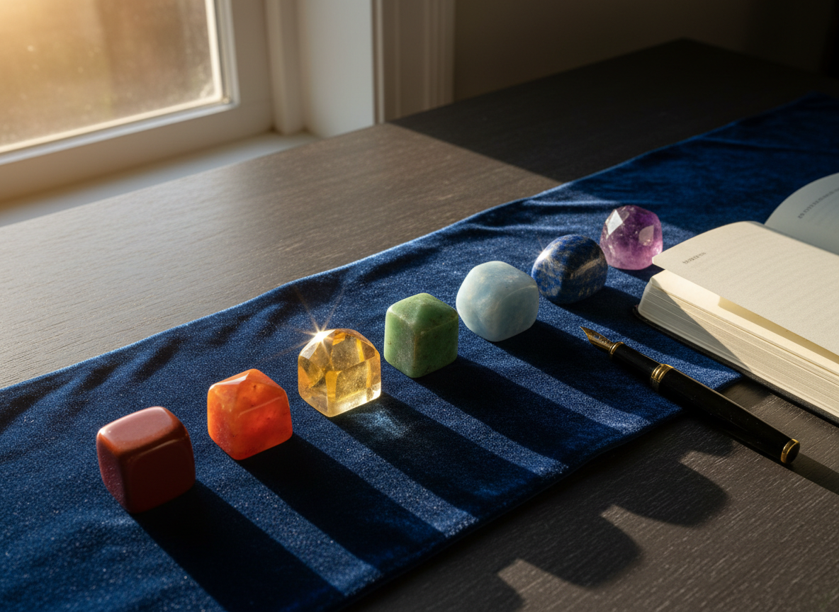 An arrangement of seven chakra crystals laid in a straight line on a deep midnight-blue velvet cloth, each stone distinct and luminous—red jasper, carnelian, citrine, green aventurine, blue apatite, lapis lazuli, and amethyst. Beside them, a slim, open journal with creamy, unlined pages rests, accompanied by a black fountain pen with gold accents. The scene is set on a dark wooden surface near a window, where late-afternoon light streams in at an angle, creating elongated, soft shadows and subtle sparkles in the crystal facets. Photographic realism, captured from a three-quarter top-down angle, the composition using the rule of thirds to evoke introspection, alignment, and the sophisticated ritual of tracking one’s healing journey.