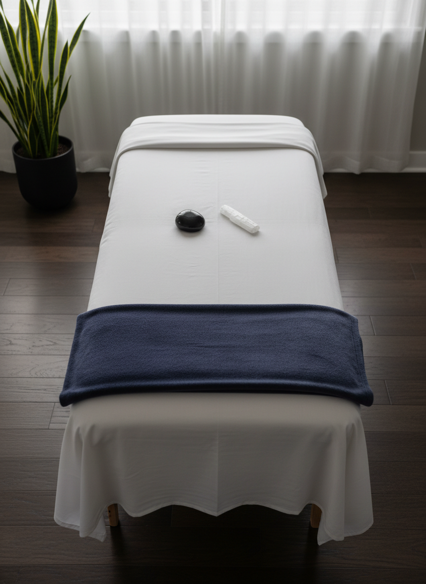 A neatly folded, plush indigo blanket rests atop a charcoal-gray massage table, draped in a smooth, high-thread-count cotton sheet. At the head of the table, a small obsidian palm stone and a delicate selenite wand are placed with intention, their surfaces subtly catching the light. The room around the table features dark wooden floors, a single tall snake plant in a matte black pot, and sheer off-white curtains filtering soft, overcast daylight. Photographic realism, composed from a slightly elevated angle to show the full setup, with gentle side lighting creating calm shadows and a sophisticated, spa-like atmosphere ideal for reiki healing and deep relaxation.
