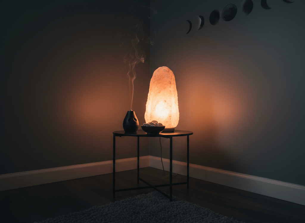 A dimly lit corner of a healing room featuring a tall, slender Himalayan salt lamp glowing in shades of warm amber and blush pink, its textured surface rugged and organic. Next to it, an elegant black ceramic incense holder releases a thin ribbon of smoke that curls upward, dissolving into darkness. The lamp rests on a smooth, low-profile black metal side table with a single small bowl of polished moonstone and labradorite. The background is a deep charcoal wall with a faint, abstract moon-phase print barely visible. Photographic realism, shot at a slightly low angle with strong emphasis on the lamp’s glow, creating a cocoon-like, grounding mood perfect for transitions, grief, and inner recalibration.