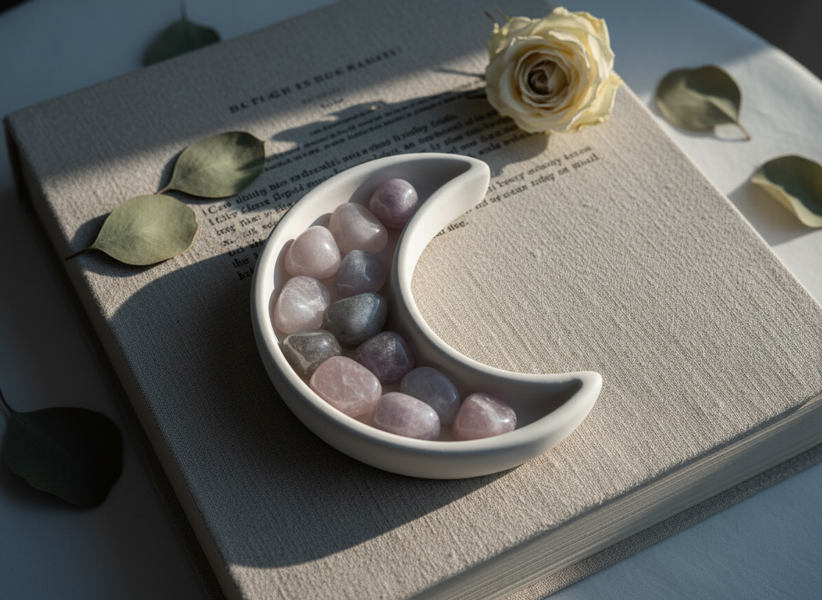 A serene still life of a crescent moon-shaped ceramic dish in matte, off-white porcelain, filled with small tumbled stones in muted lavender, soft gray, and smoky rose tones. The dish rests on an open, linen-bound book of poetry, its pages softly textured and slightly yellowed. Around it lie dried eucalyptus leaves and a single pressed white rose. The scene is illuminated by gentle, cool twilight filtering through an unseen window, casting faint, elongated shadows. Photographic realism, framed closely from above with a shallow depth of field, the focus on the moon dish and stones, evoking the quiet magic of night, emotional reflection, and the sophisticated tenderness of reiki support during life’s transitions.